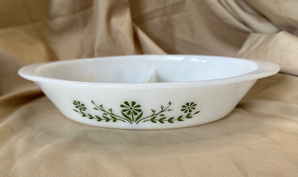 Vintage Glasbake Divided Baking Dish White with Green Flowers